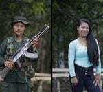 En esta imagen del 15 de agosto de 2016 se ven dos retratos de Carolina. En uno sostiene un arma y viste con su uniforme del frente 49 de las Fuerzas Armadas Revolucionarias de Colombia, y la otra viste de civil en un campamento de guerrilla en la jungla sureña de Putumayo, Colombia. Carolina, de 18 años, dijo que ha pasado tres años con las FARC y le gustaría estudiar ingeniería, tras desmovilizarse como parte de un acuerdo de paz con el gobierno colombiano. (AP Foto/Fernando Vergara)